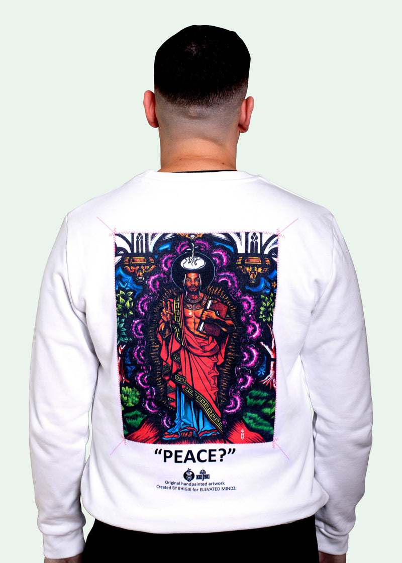 PEACE? WHITE CREWNECK SWEATSHIRT.